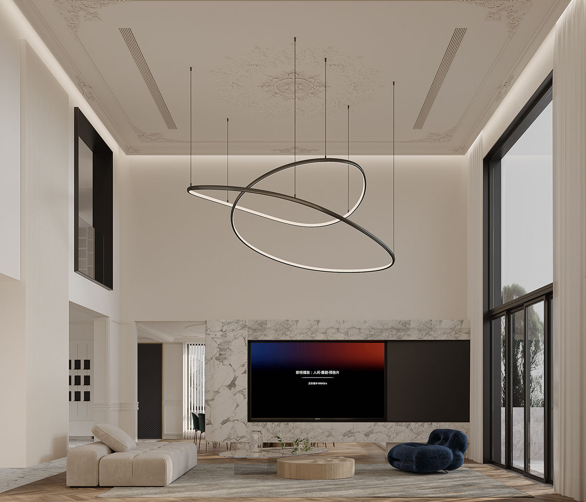 白色大理石和時(shí)尚前衛(wèi)的家具設(shè)計(jì)為這個(gè)新古典主義的家居風(fēng)格..