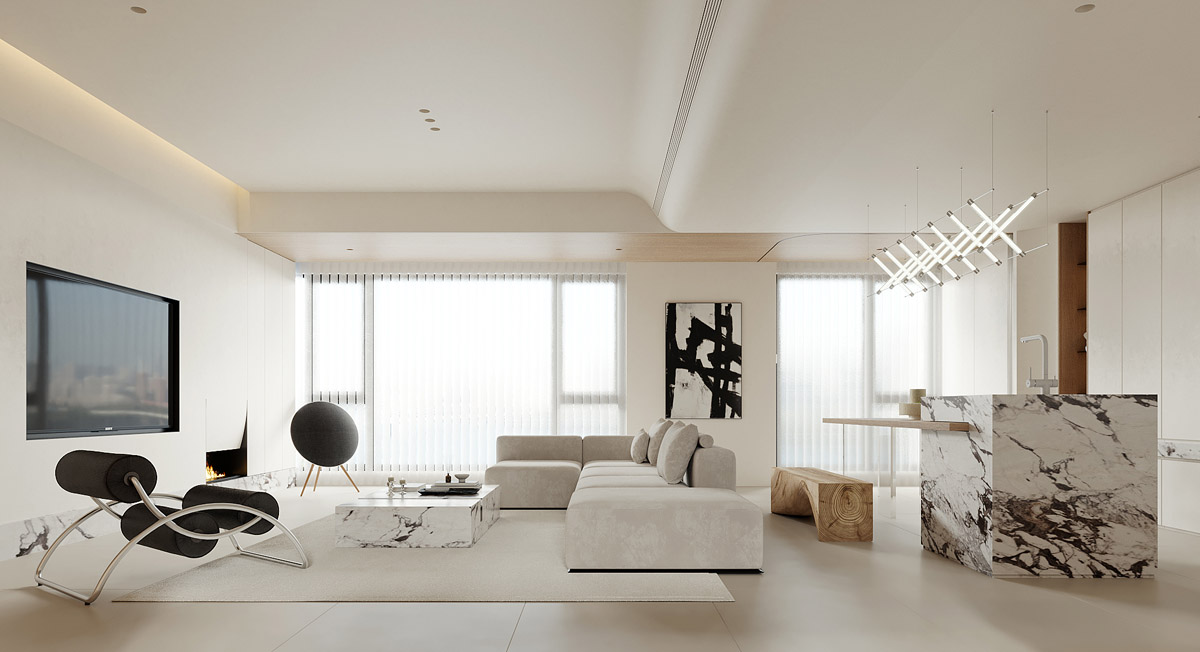 單色大理石裝飾和溫暖的木質(zhì)裝飾